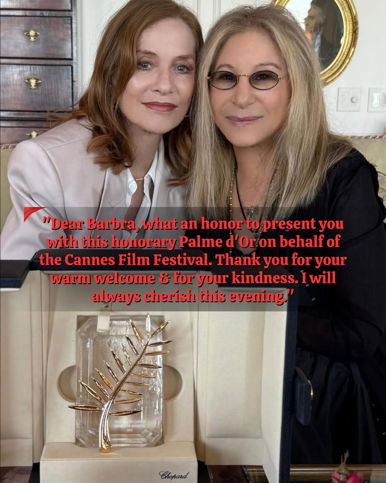 ISABELLE HUPPERT’S QUIET MESSAGE TO BARBRA STREISAND HAS FANS WONDERING WHAT HAPPENED AWAY FROM THE CAMERAS