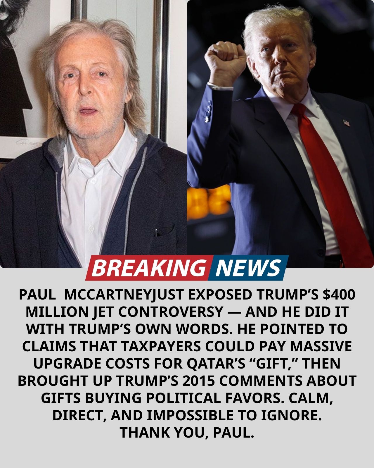 PAUL McCARTNEY’S NAME ENTERS TRUMP’S $400 MILLION QATARI JET CONTROVERSY WITH A QUESTION AMERICA CAN’T IGNORE