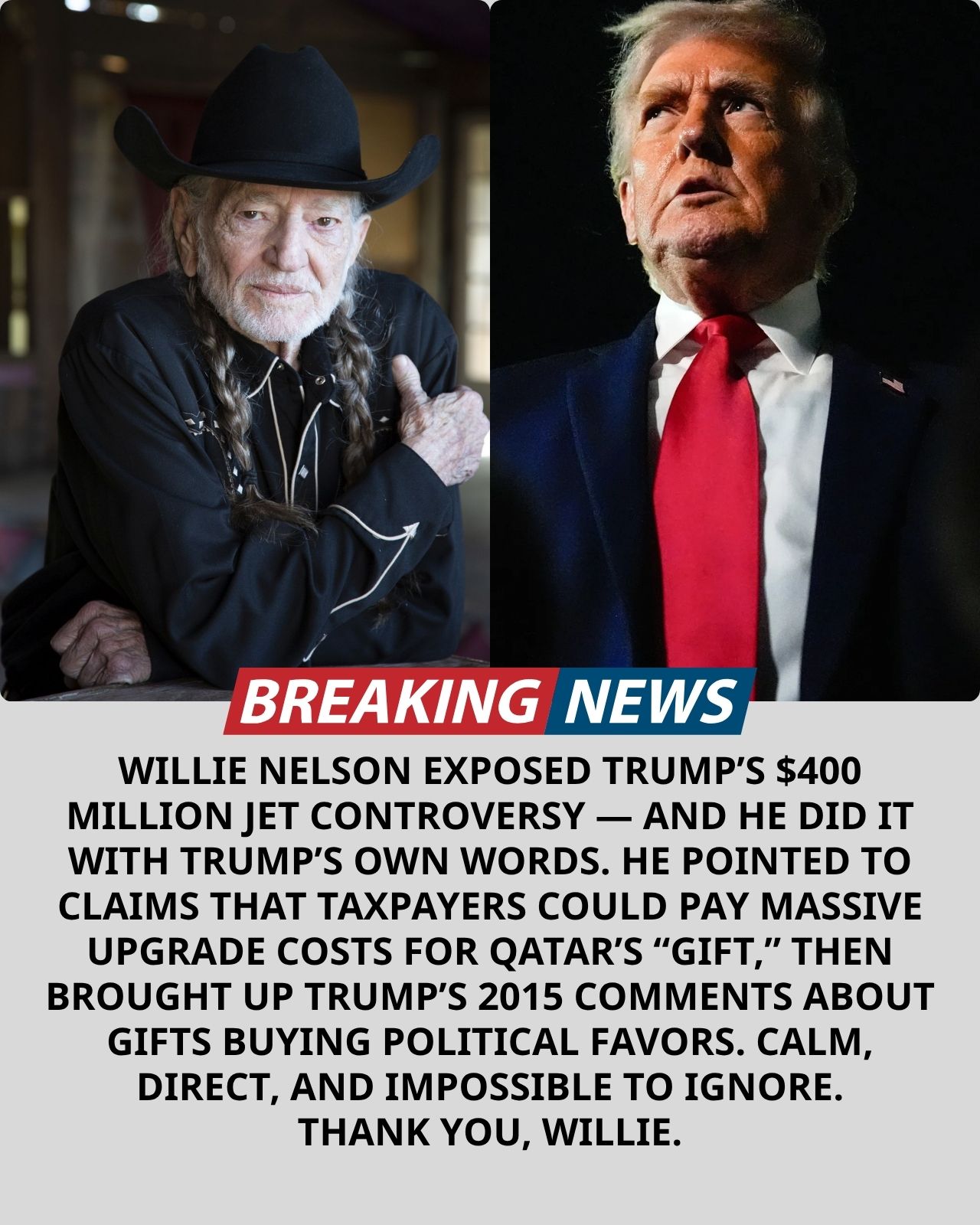 WILLIE NELSON’S NAME ENTERS TRUMP’S $400 MILLION QATARI JET CONTROVERSY WITH ONE QUESTION AMERICA CAN’T IGNORE