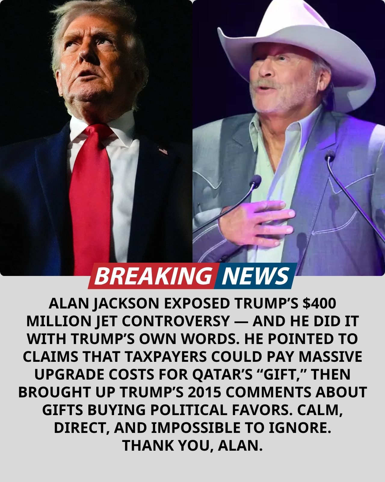 ALAN JACKSON’S NAME ENTERS TRUMP’S $400 MILLION QATARI JET CONTROVERSY WITH ONE PLAIN COUNTRY QUESTION